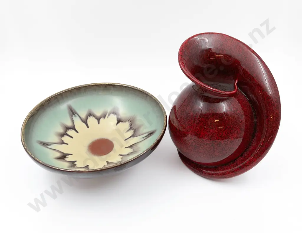 German Pottery Fruit Bowl Together With Decorative Red Speckle Glazed Vase Image 1++