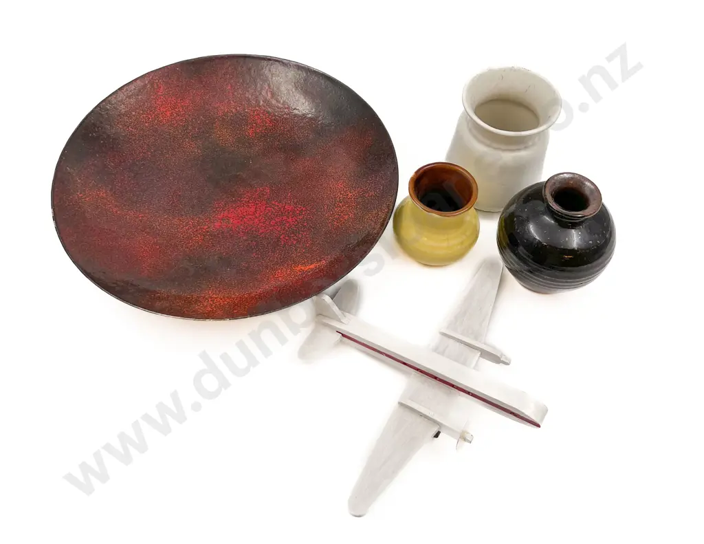 Two Small Crown Lynn Pots Other Vase On Footed Enamel Plate hand craft wooden plane Image 1++
