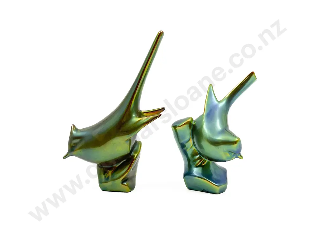 Two Zsolnay Green Luster Bird Ornaments Image 1++