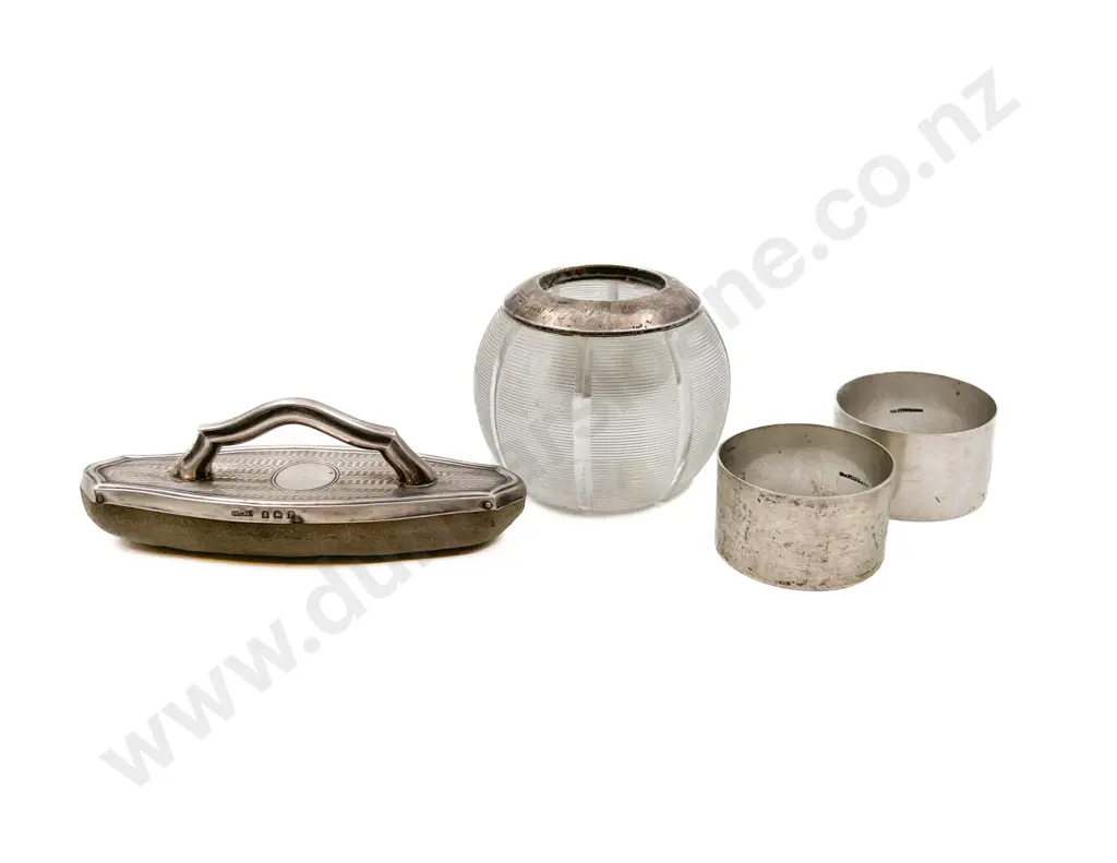 S/S Rimmed Ink Well With Two S/S Napkin Rings and Other S/S Item Image 1++