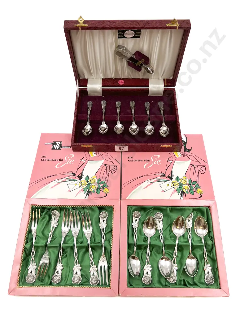 Cased S/S Teaspoon Set Together With Tongs (7) and Two Cased Plated Teaspoon Sets Image 1++