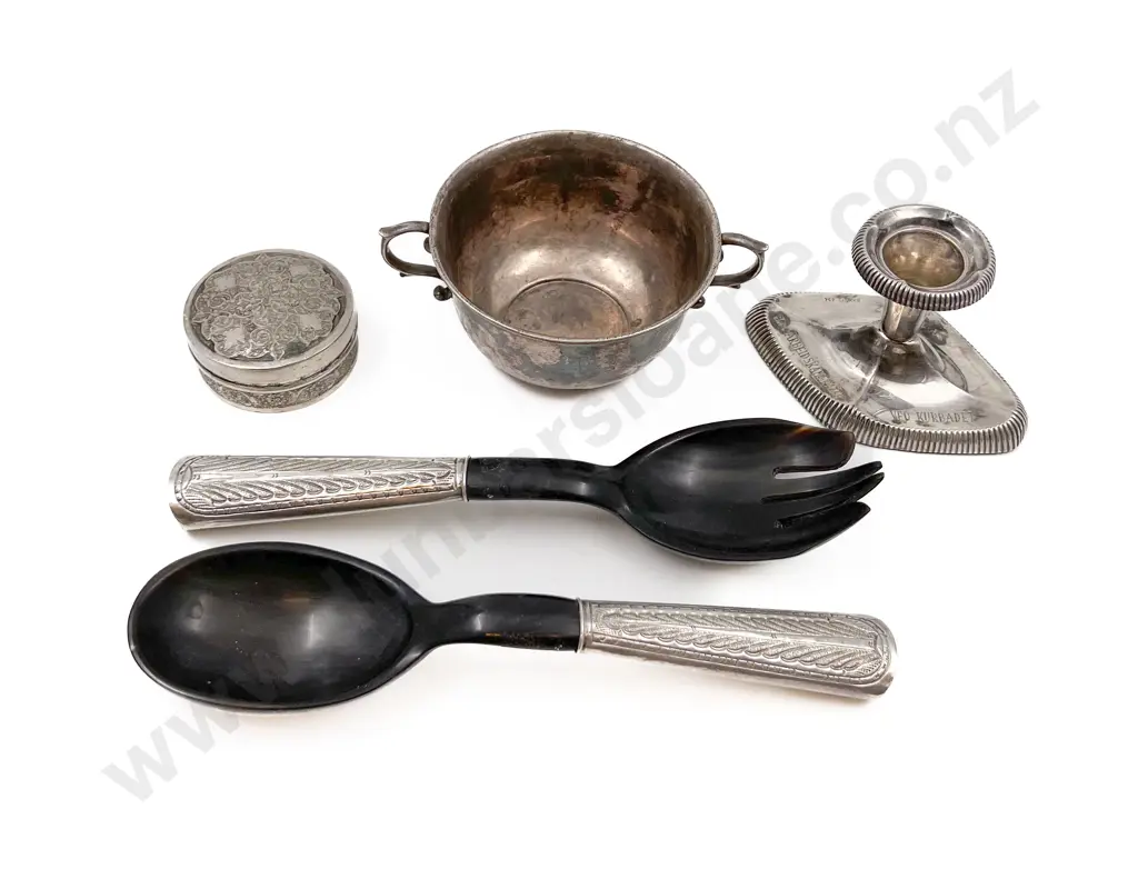 Silver Candlestick With Silver Handled Salad Servers and Two Other Assorted Silver Pieces Image 1++
