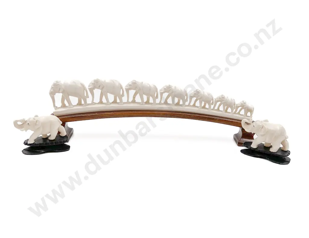 Bone Figured Group Carving of Graduated Elephants Together with Two Other Elephant Carvings Image 1++
