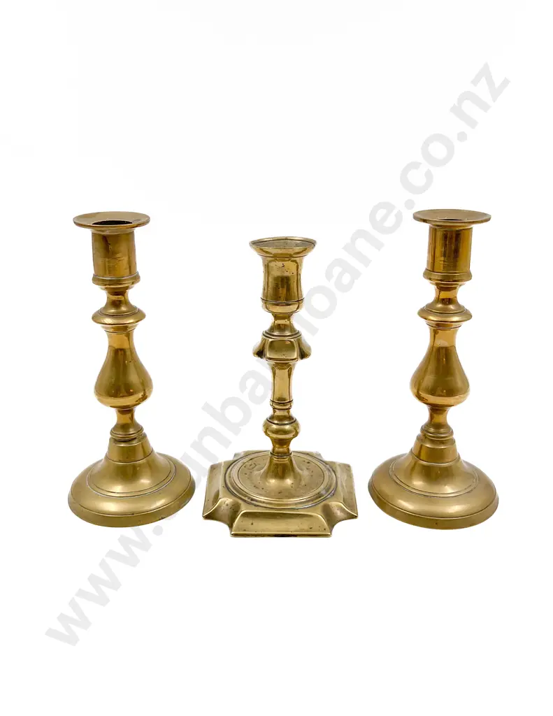 C18th Dutch Brass Candle Stick Together with Pair of Victorian Brass Candle Sticks Image 1++
