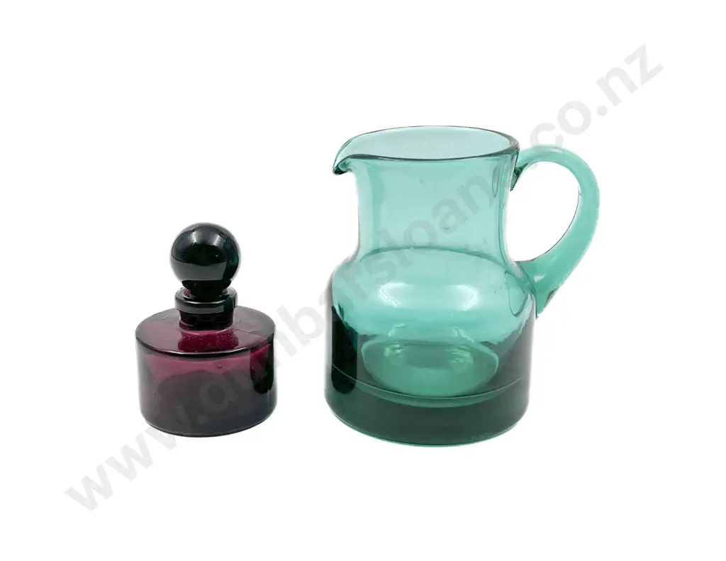 Victorian Blue Art Glass Jug Together with Small Cranberry Glass Decanter Image 1++