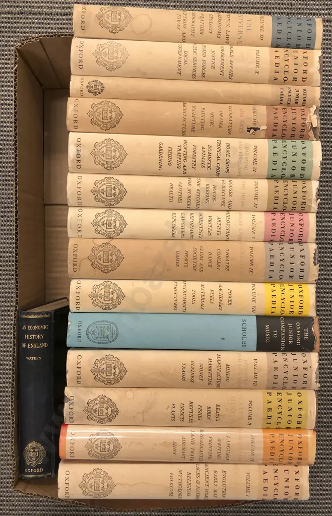 Box of Assorted Oxford Junior Encyclopedia Volumes Image 1++