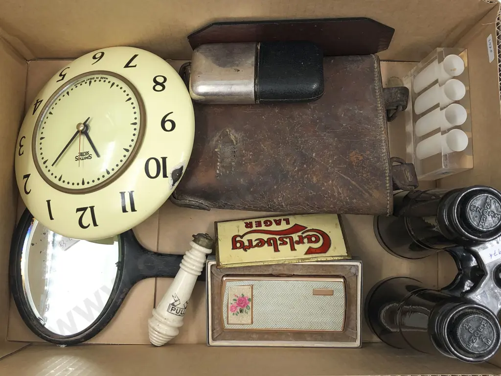 Box of Assorted Vintage Including Decanter Binoculars and Musical Cigarettes Case etc Image 1++