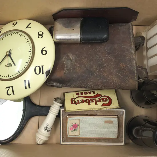 Box of Assorted Vintage Including Decanter Binoculars and Musical Cigarettes Case etc