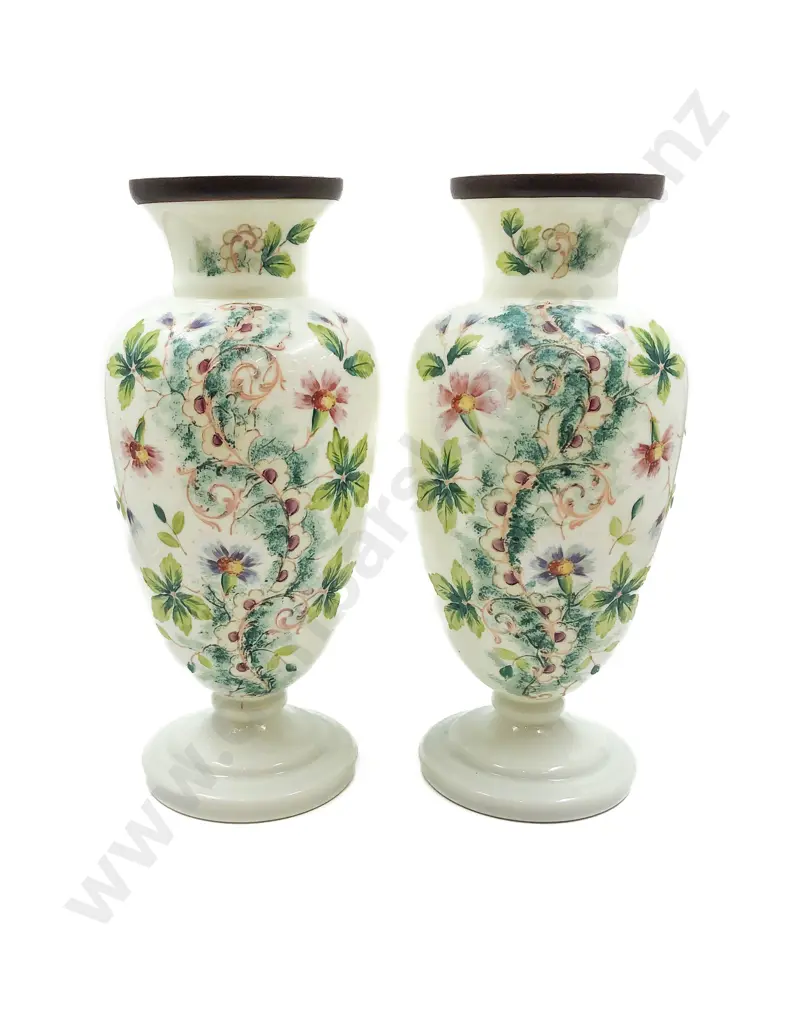 Pair of Floral Painted Frosted Glass Vases Image 1++