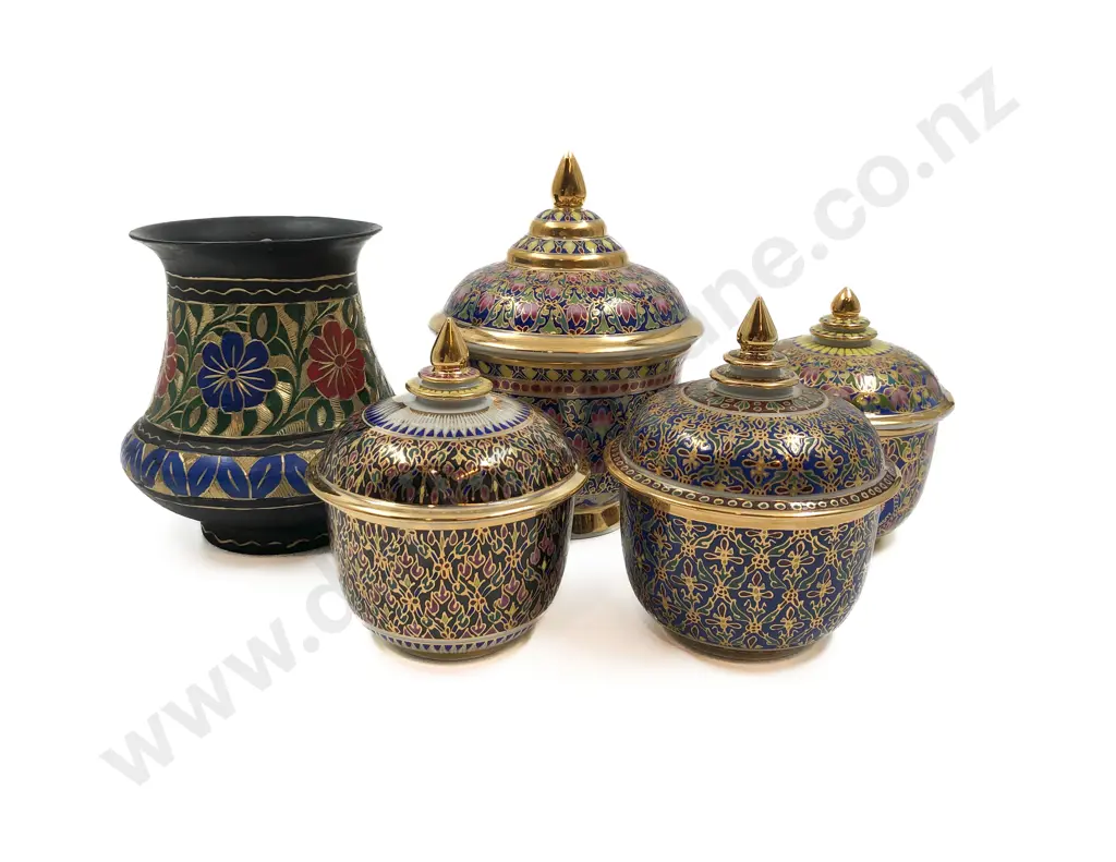 Four Decorative Ceramic Lidded Dishes Together With Cloisonne Vase Image 1++