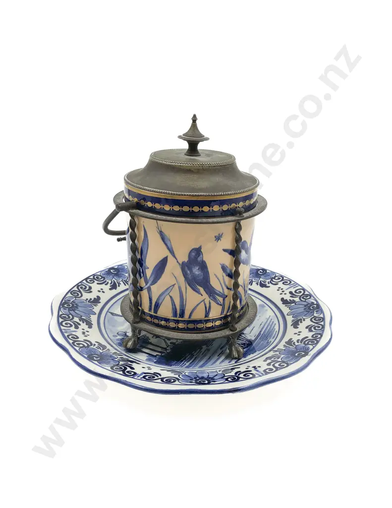 Metal Bound Ceramic Jar on Delft Plate Image 1++