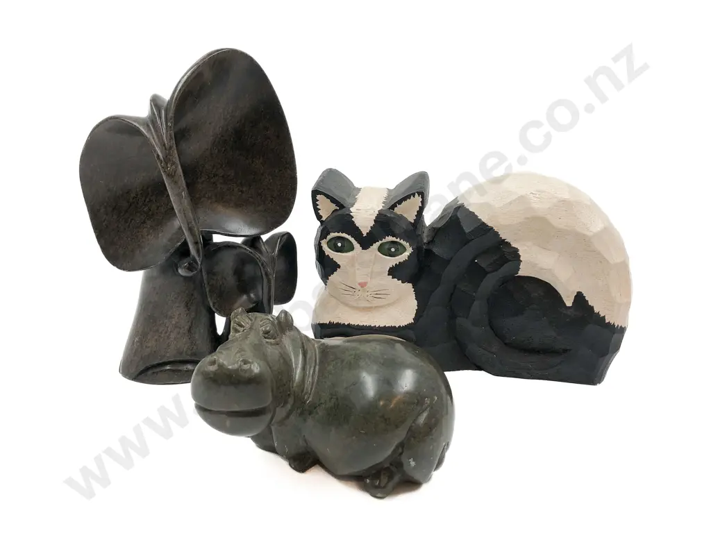 Two Hardstone Animal Ornaments Together with Carved Cat Ornament Image 1++