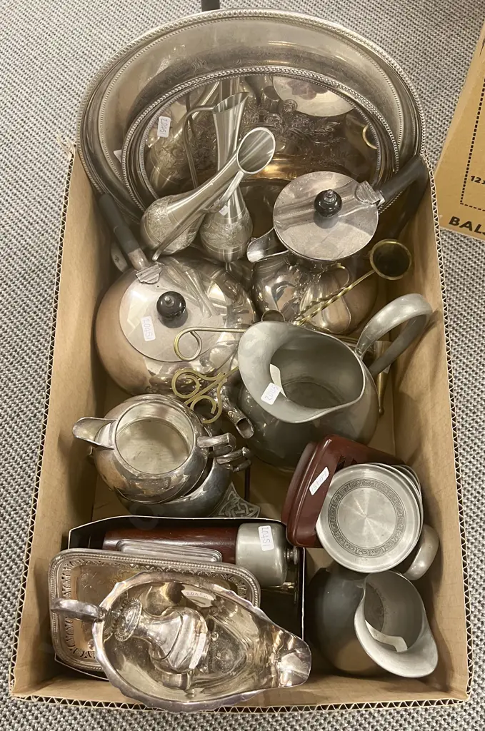 Box of Assorted Pewter and Silver Plate Image 1++