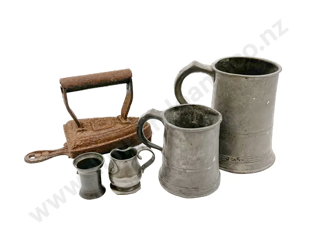 Two Pewter Tankards Together with Vintage Iron and Trivet Etc Image 1++