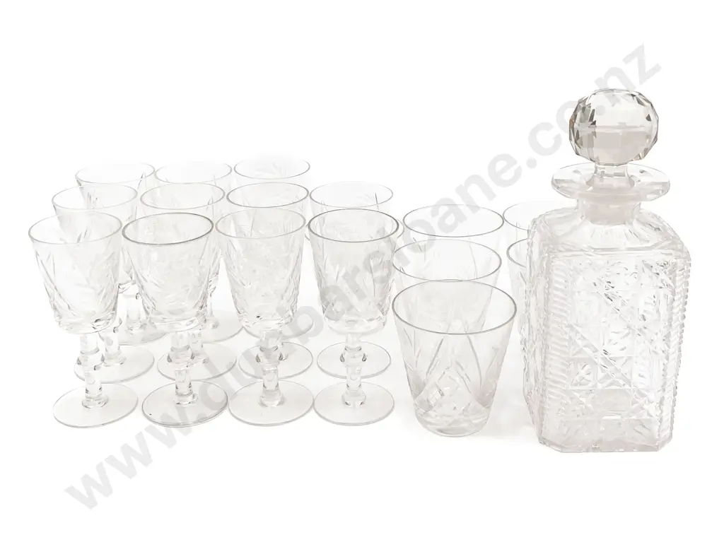Crystal Decanter and Assorted Drinking Glasses Image 1++
