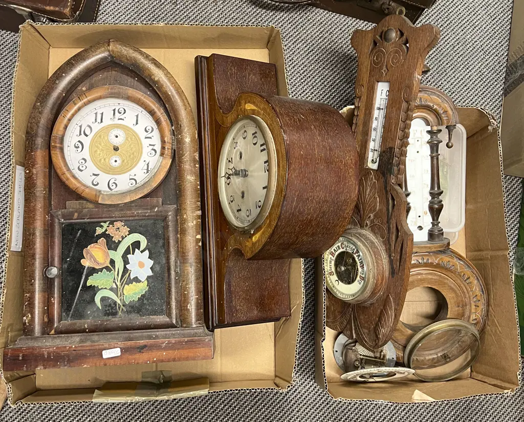 Two Boxes of Assorted Including Barometer Parts and Mantle Clock etc Image 1++