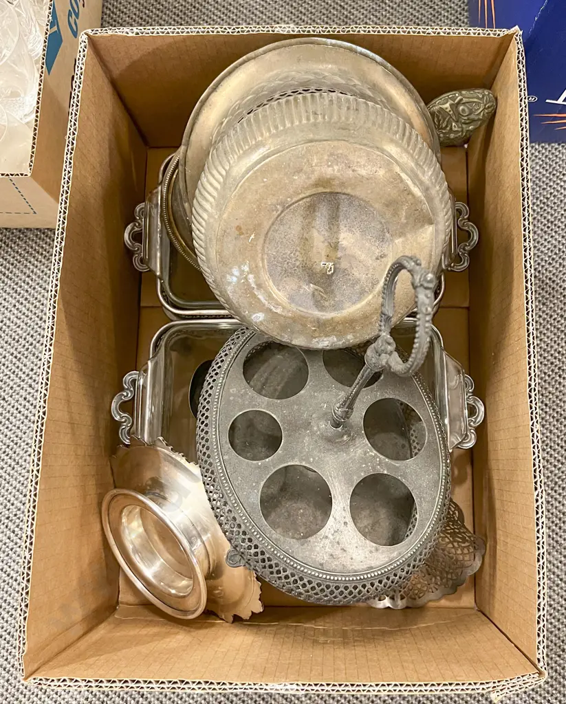 Box of Assorted Metal Ware Including Brass Planter with Serving Dishes and Vanity Items Image 1++