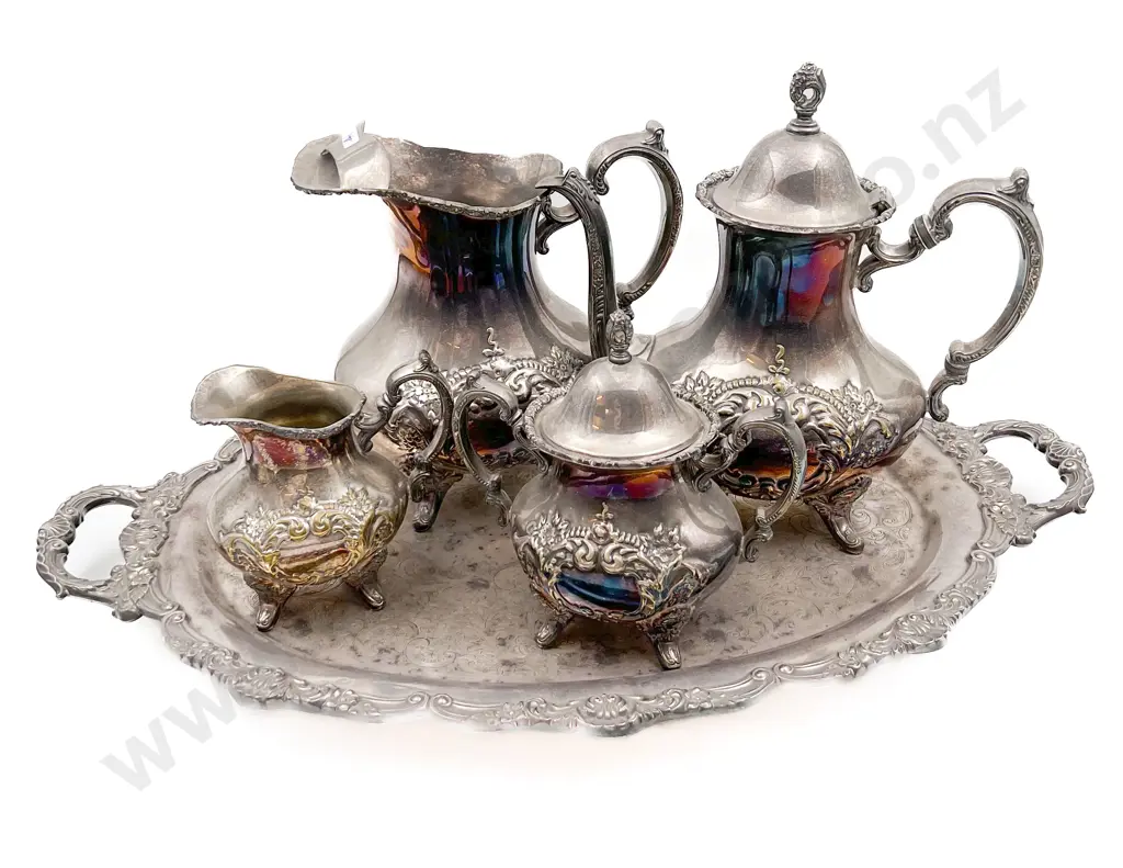 Four Piece Plated Tea Service On Large Double Handled Tray Image 1++