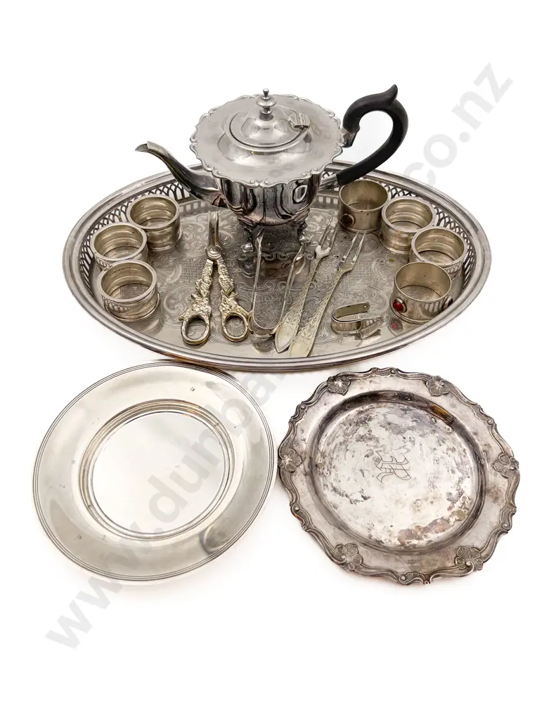 Qty of Assorted Silver Plate on Oval Gallery Tray Image 1++