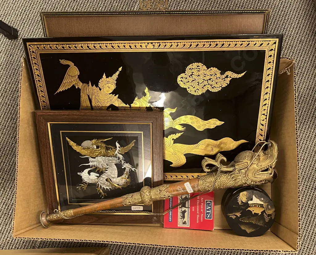 Box of Assorted Asian Items Including Decorative Dragon Horn and Lacquered Trinket Box Image 1++