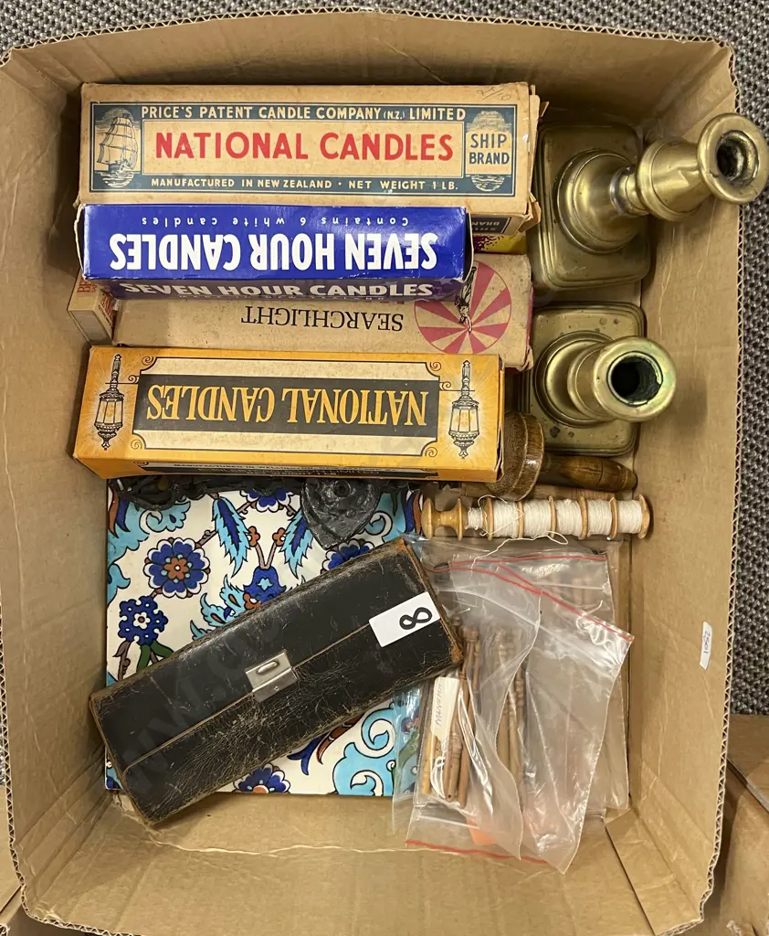 Box of Mixed Vintage Including Pair of Brass Candle Sticks and Victorian Tile Image 1++