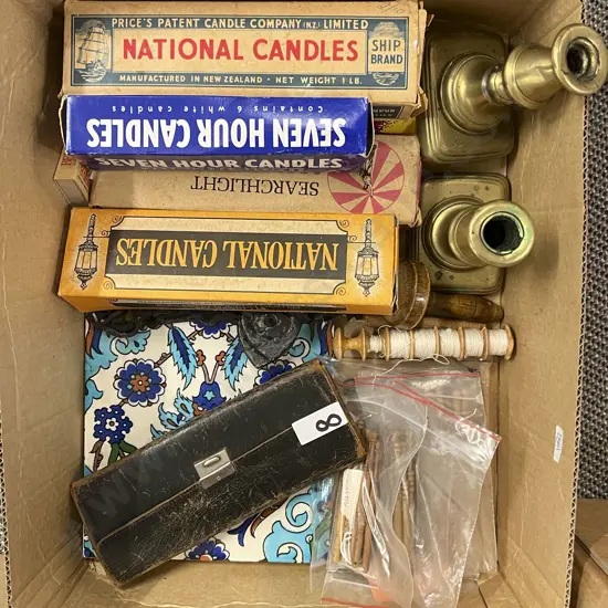 Box of Mixed Vintage Including Pair of Brass Candle Sticks and Victorian Tile