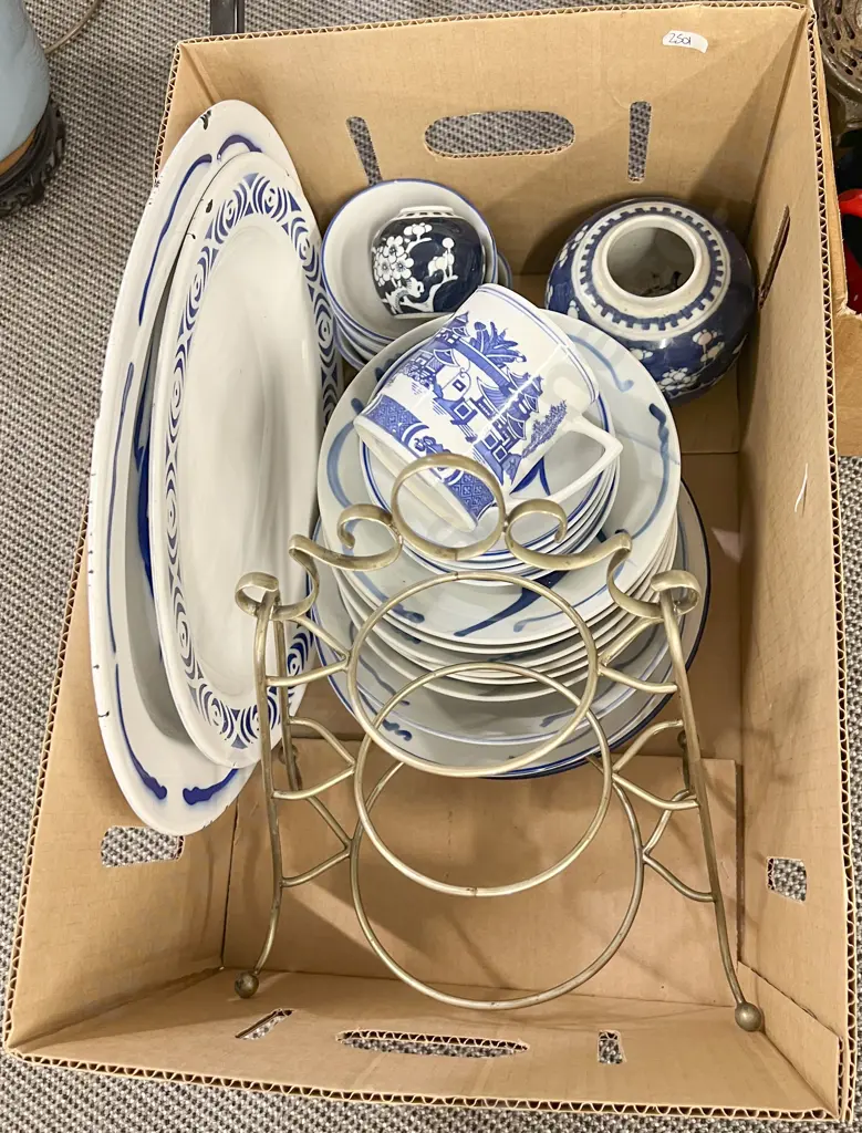 Box of Assorted Blue and White China and Enamel Image 1++
