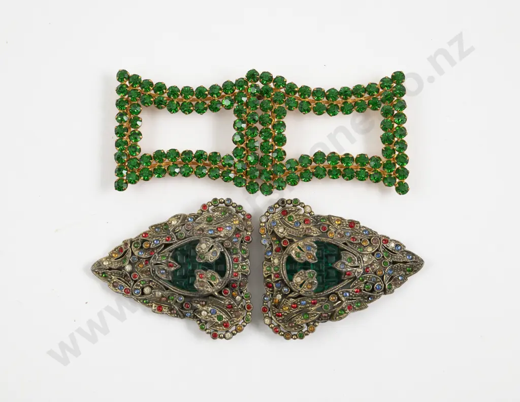 Art Deco Czech Glass and Metal 2pce Dress Clip and 2pce Buckle Image 1++
