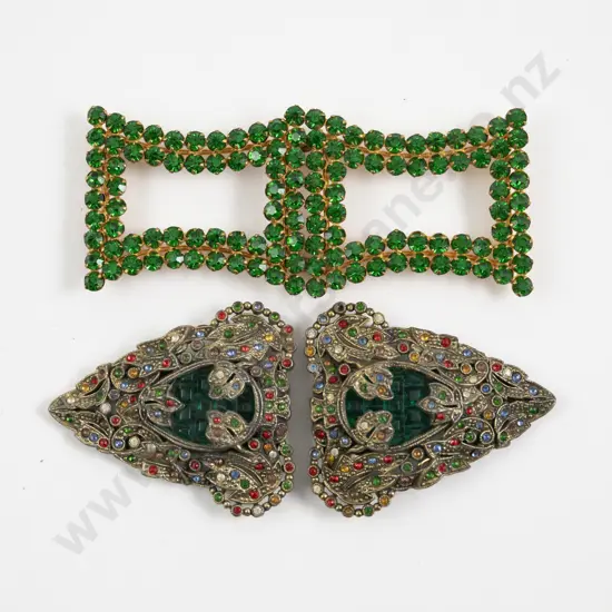 Art Deco Czech Glass and Metal 2pce Dress Clip and 2pce Buckle