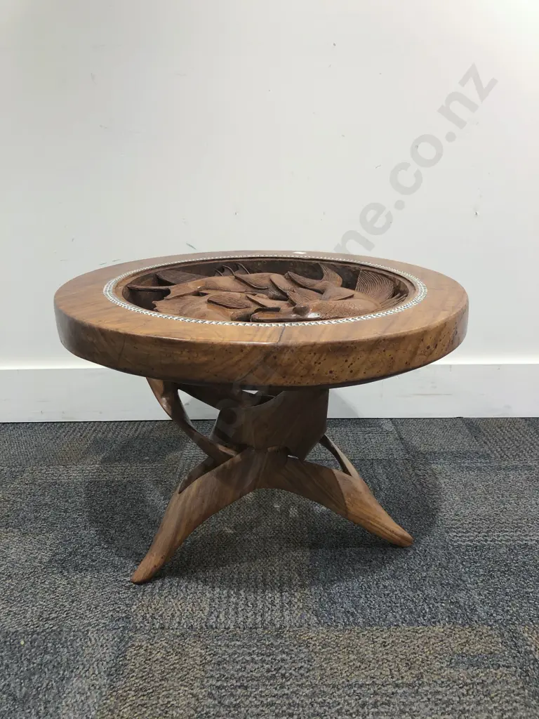 Carved Wooden Occasional Table with Collapsible Base Image 1++