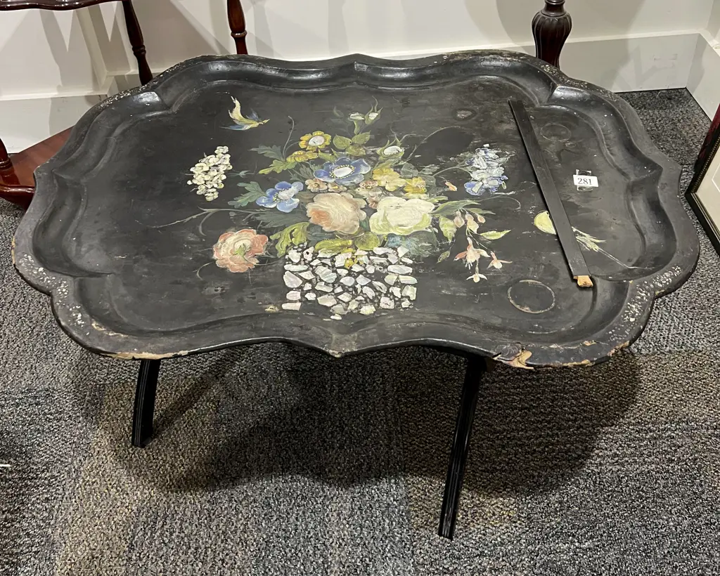 Victorian Inlaid Lacquered Tray on Folding Base (Faults) Image 1++