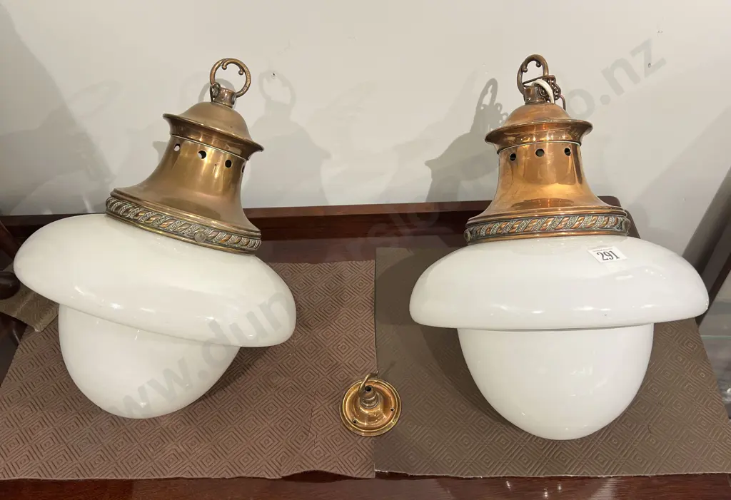 Pair of Copper Ceiling Lights with Frosted Glass Shades Image 1++