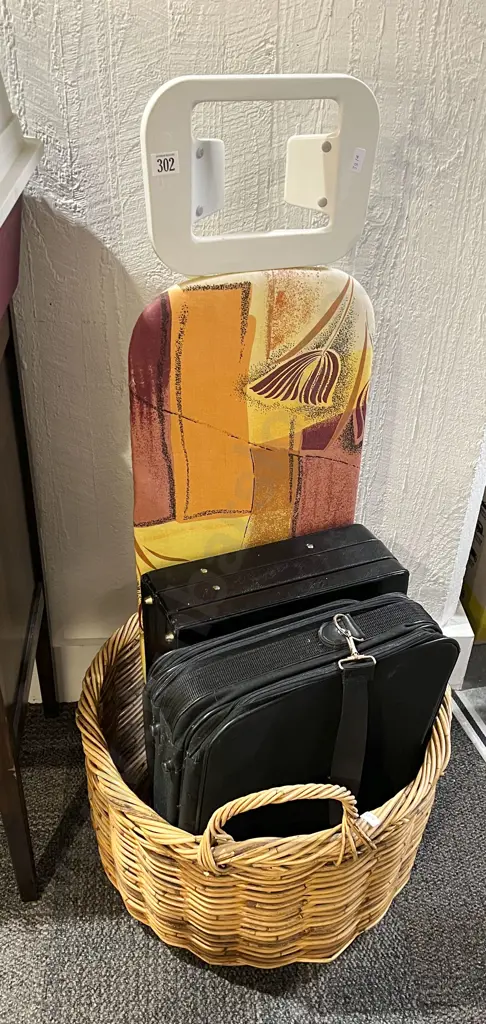 Wicker Basket with Small Ironing Board and Leather Brief Case Etc Image 1++