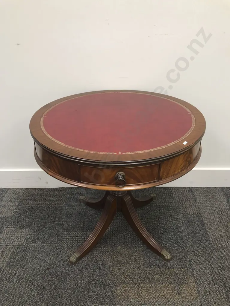 Reproduction Drum Top Side Table with Leather Inset Image 1++
