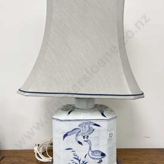 Blue and White China Lamp on Wooden Base