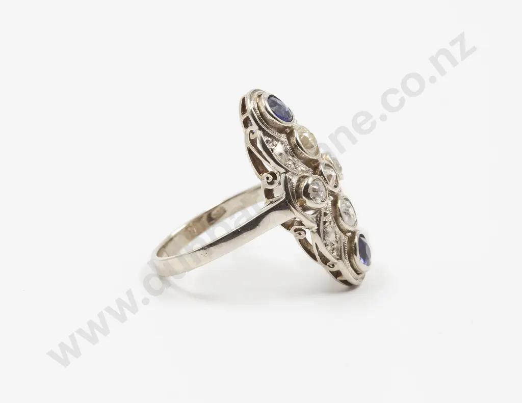 Art Deco Style 14ct White Gold Synthetic Sapphire and Diamond Cluster Ring Image 1++
