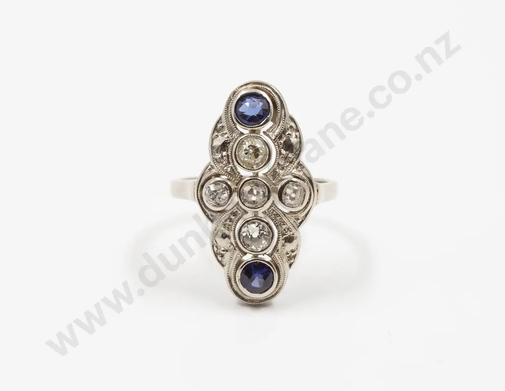 Art Deco Style 14ct White Gold Synthetic Sapphire and Diamond Cluster Ring Image 1++