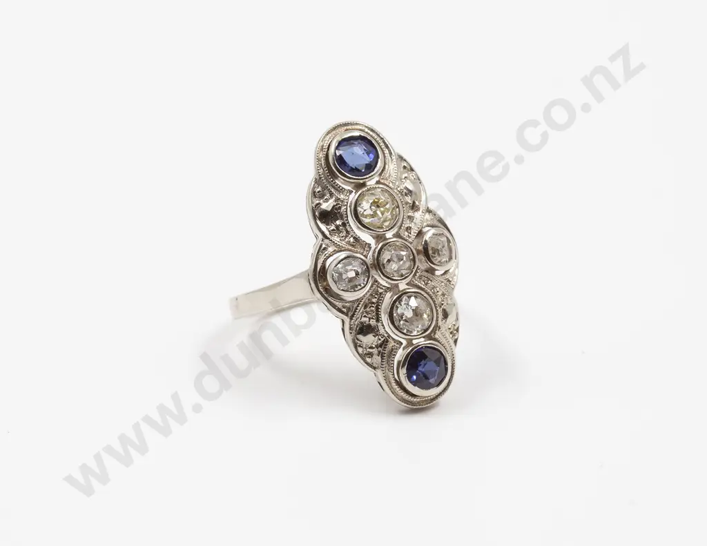 Art Deco Style 14ct White Gold Synthetic Sapphire and Diamond Cluster Ring Image 1++