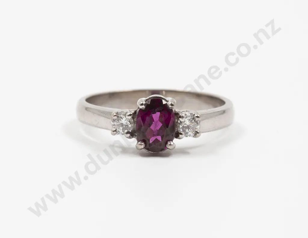 18ct White Gold Three Stone Rhodolite Garnet and Diamond Bridge Ring Image 1++
