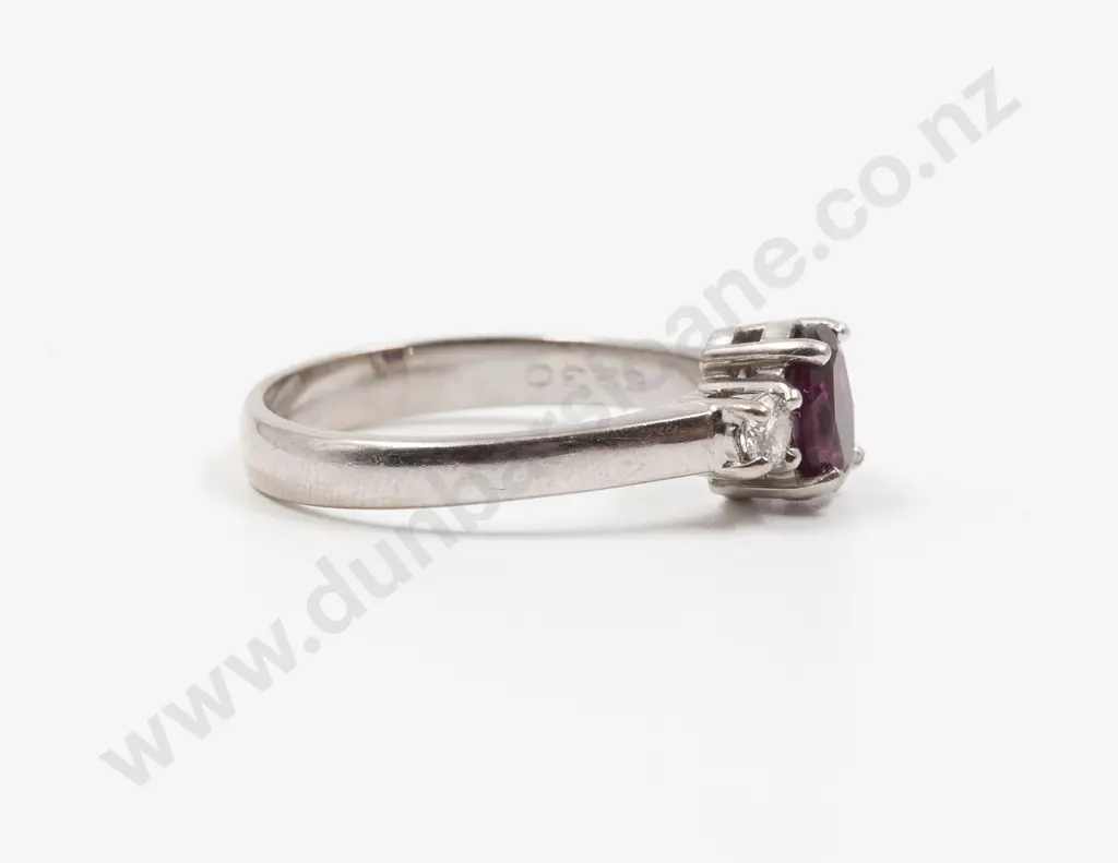 18ct White Gold Three Stone Rhodolite Garnet and Diamond Bridge Ring Image 1++