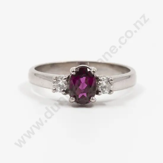18ct White Gold Three Stone Rhodolite Garnet and Diamond Bridge Ring
