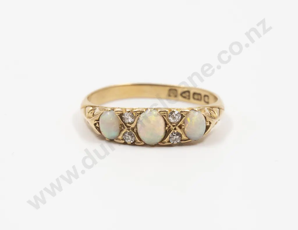 Edwardian 18ct Three Stone Opal and Diamond Bridge Ring Image 1++