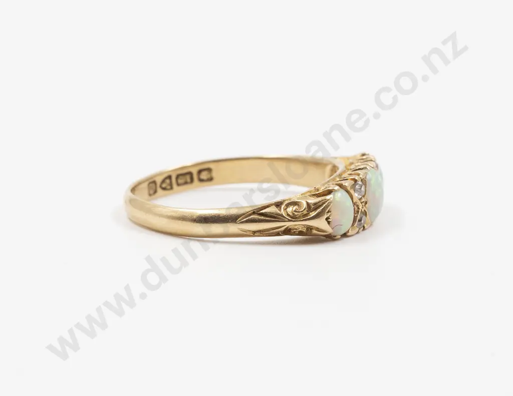 Edwardian 18ct Three Stone Opal and Diamond Bridge Ring Image 1++