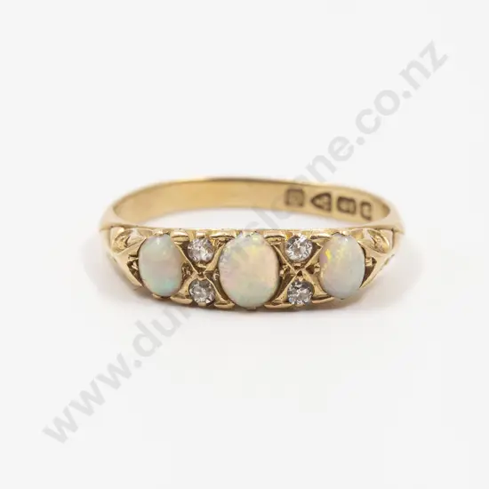 Edwardian 18ct Three Stone Opal and Diamond Bridge Ring
