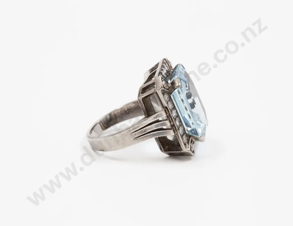 18ct White Gold Single Aquamarine and Diamond Cluster Dress Ring Image 1++
