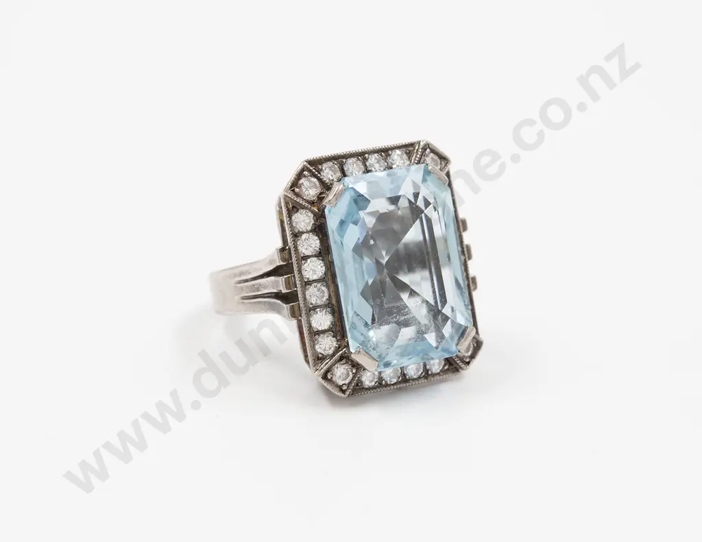 18ct White Gold Single Aquamarine and Diamond Cluster Dress Ring Image 1++