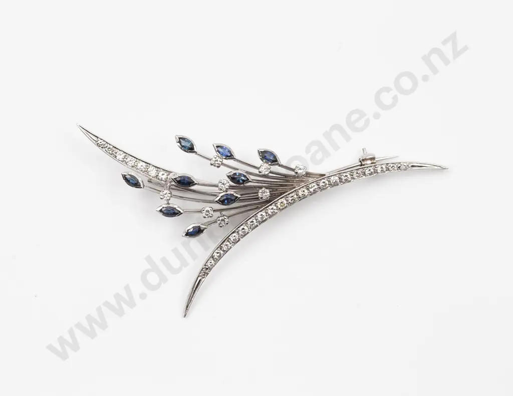 Mid C20th 18ct White Gold Diamond and Sapphire Spray Brooch Image 1++