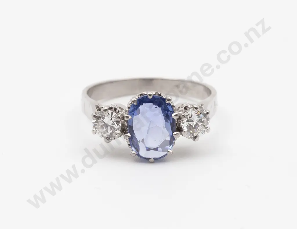 18ct White Gold Three Stone Sapphire and Diamond Bridge Ring Image 1++