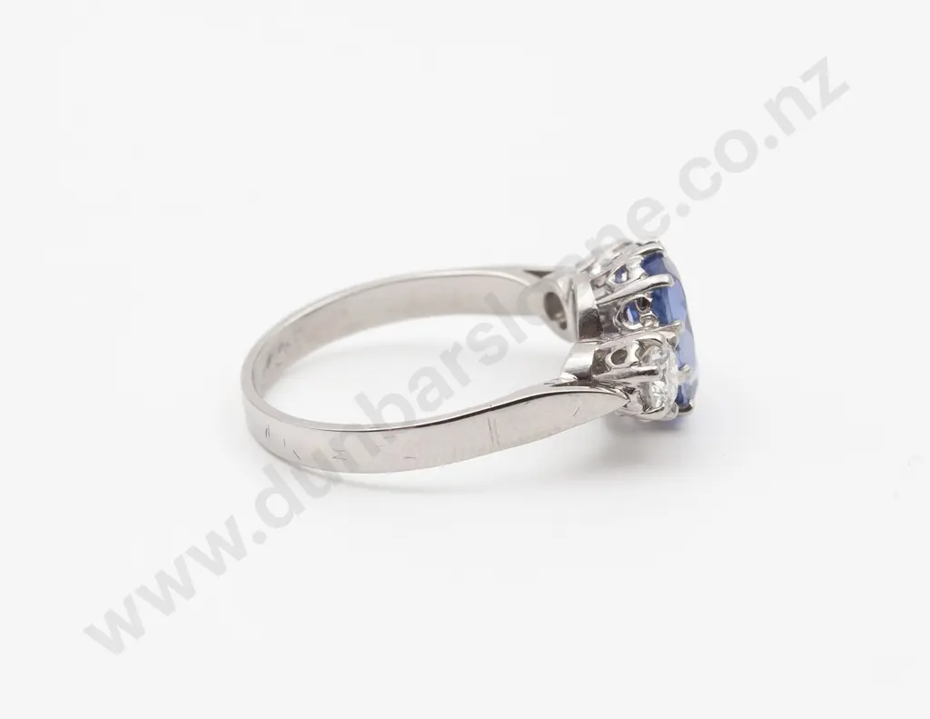 18ct White Gold Three Stone Sapphire and Diamond Bridge Ring Image 1++