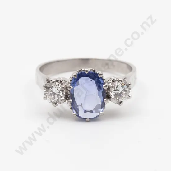 18ct White Gold Three Stone Sapphire and Diamond Bridge Ring